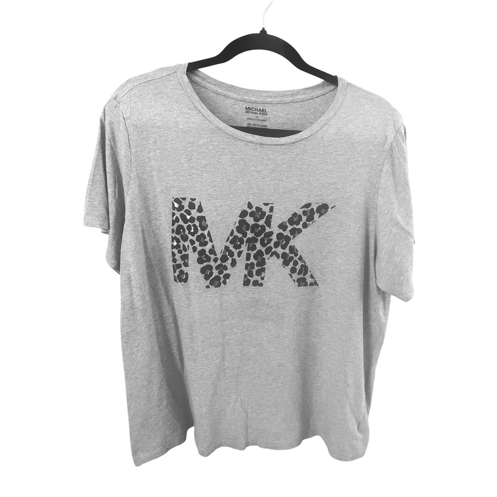 Michael Michael Kors Women T Shirt 1X Gray Leopard Print Logo Short Sleeve